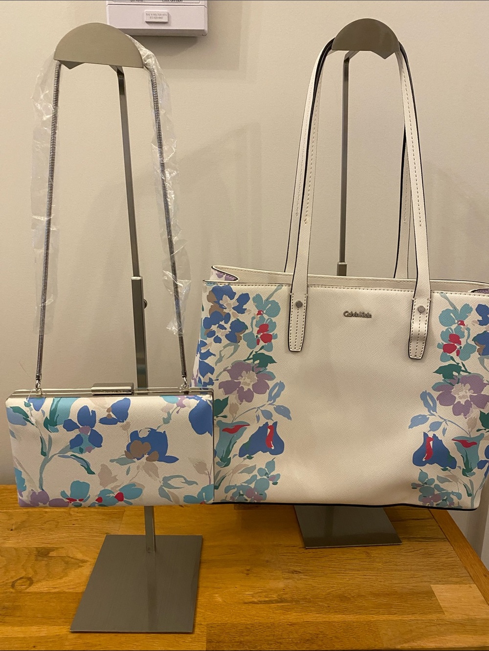 Calvin Klein White Tote with Blue, Purple and Pink Floral Print
